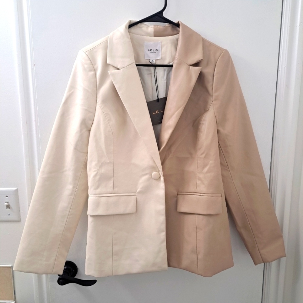 NEW Le Lis Two Tone Cream Tan Faux‎ Leather Women's Blazer Jacket Size Medium